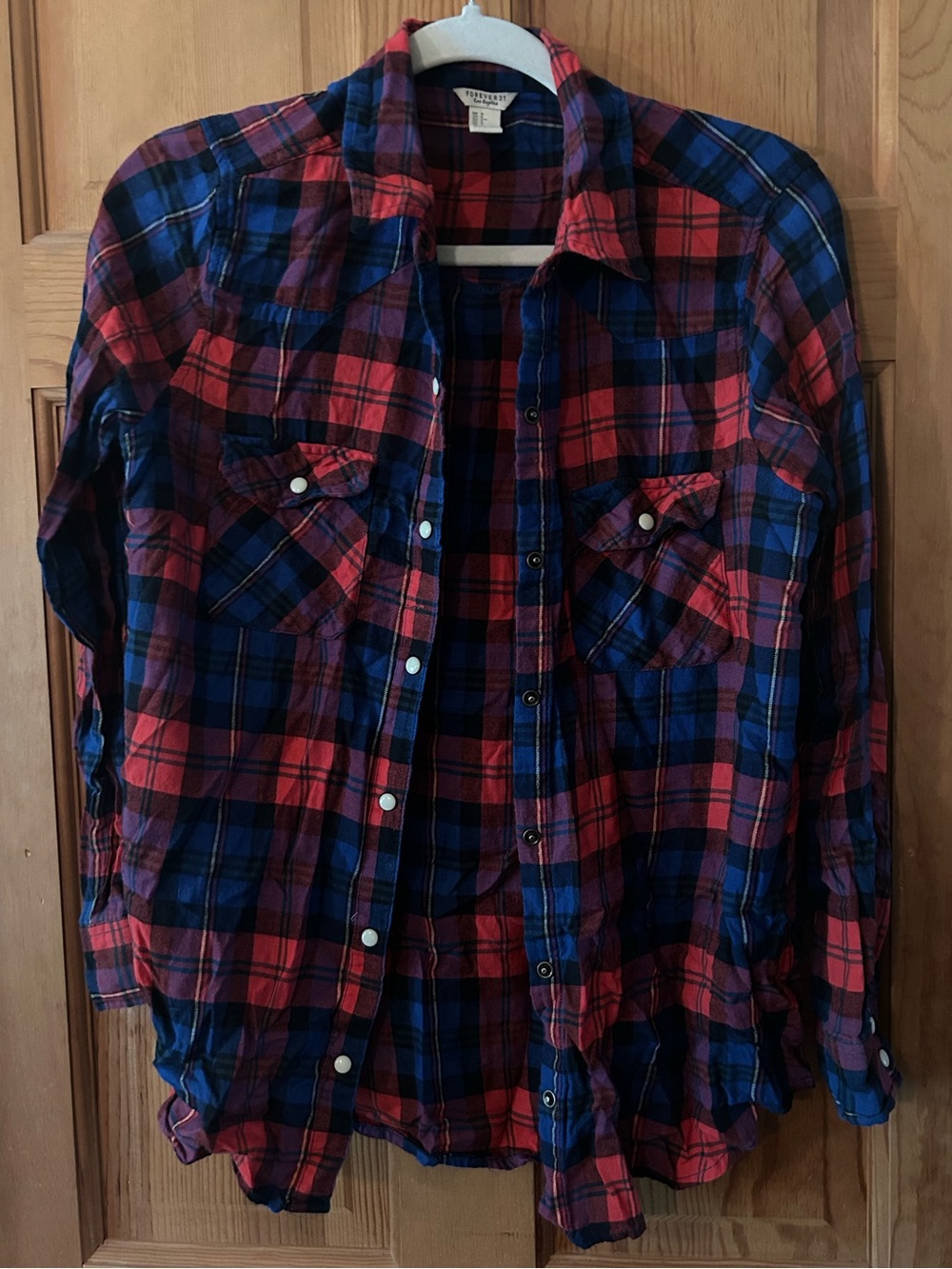 Forever 21 Red and Blue Plaid Long Sleeve Button-Up Flannel